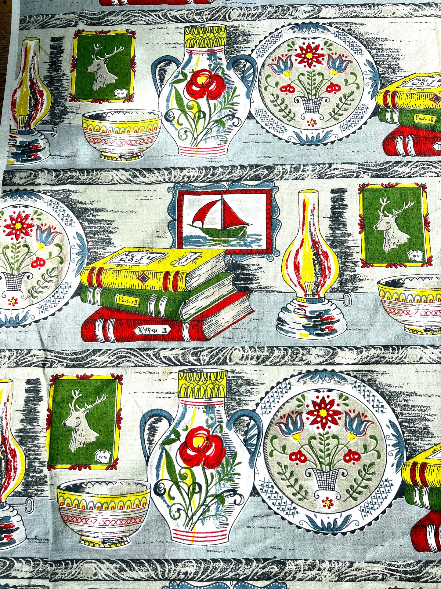 Unused Hand Printed Vintage Mid Century Swiss Folk Art Pottery Fabric  47" x 71"