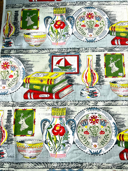 Unused Hand Printed Vintage Mid Century Swiss Folk Art Pottery Fabric  47" x 71"