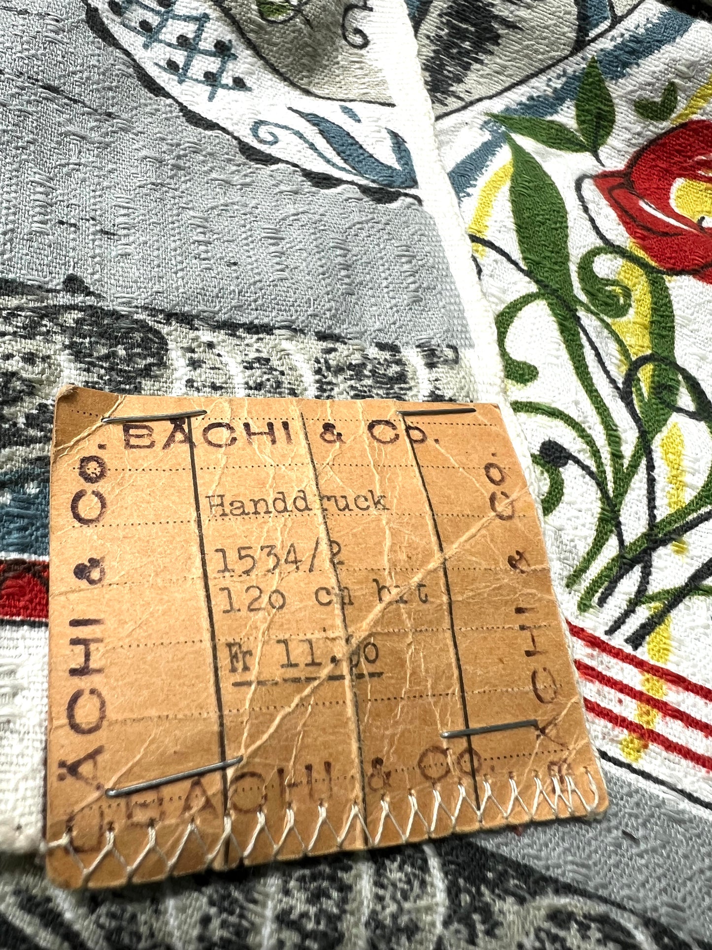 Unused Hand Printed Vintage Mid Century Swiss Folk Art Pottery Fabric  47" x 71"