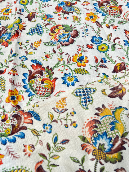 Mid Century European Crewel Style Print Slub Linen  34" x 57"