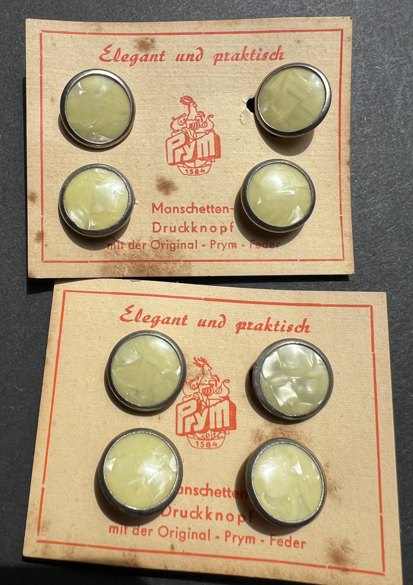 Vintage 1950s Sandy Yellow German Snap Push Button Cuff Links  on Foxed Cards