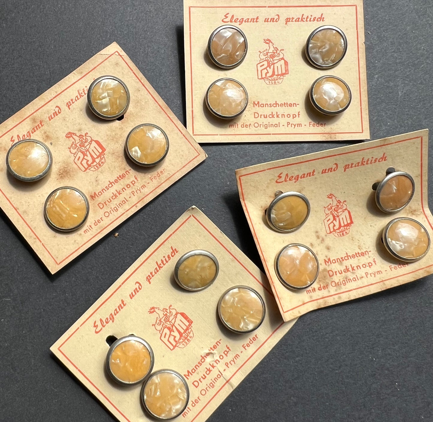 Vintage 1950s Caramel German Snap Push Button Cuff Links  on Foxed Cards