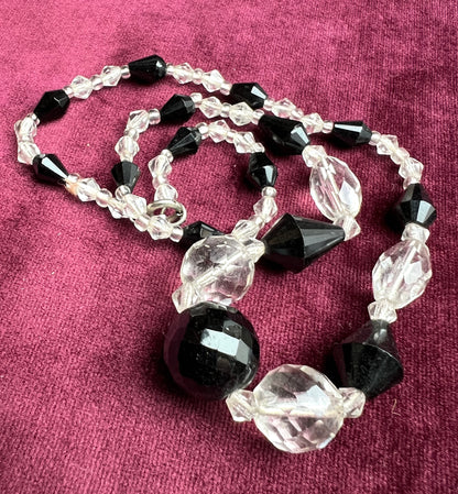 17" Czech 1920s/30s Faceted Black and Clear Crystal Necklace