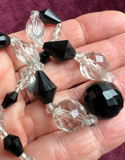 17" Czech 1920s/30s Faceted Black and Clear Crystal Necklace