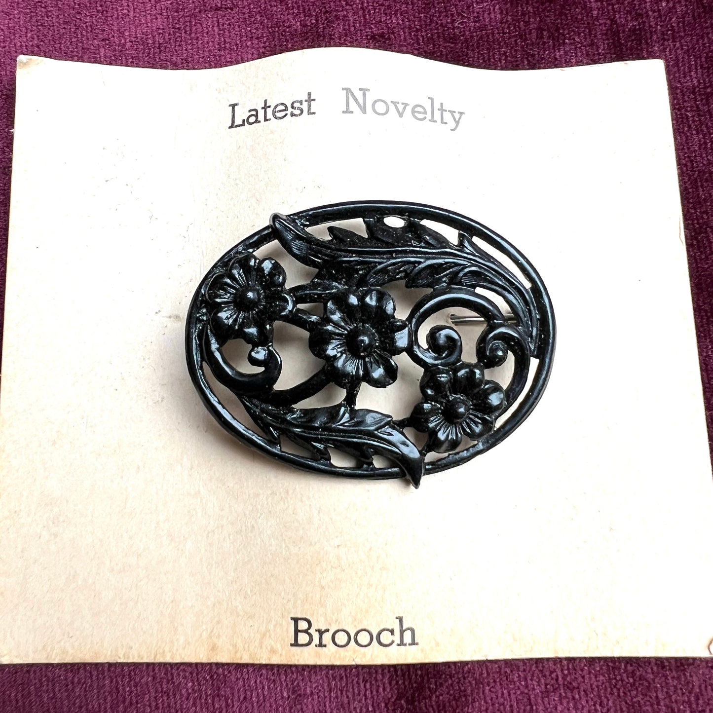 Sweet 1940s Black Metal Oval Floral Brooch