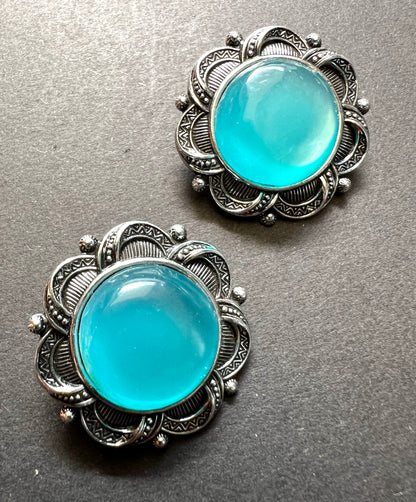 Vibrant Mid Century Blue Centred Clip On Earrings
