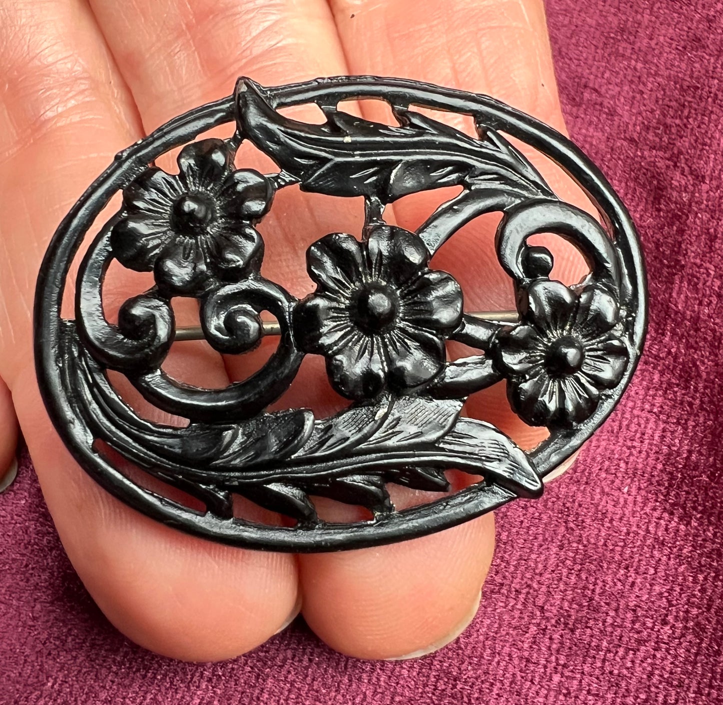 Sweet 1940s Black Metal Oval Floral Brooch