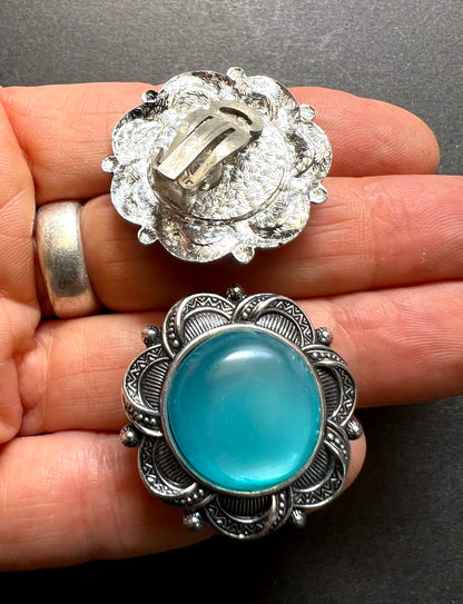 Vibrant Mid Century Blue Centred Clip On Earrings
