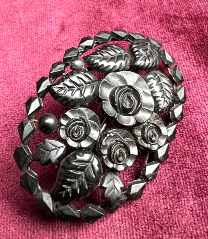 Most Appealing 1930s Pressed Black Glass Floral Brooch