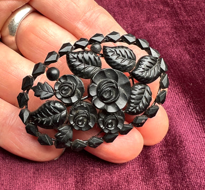 Most Appealing 1930s Pressed Black Glass Floral Brooch