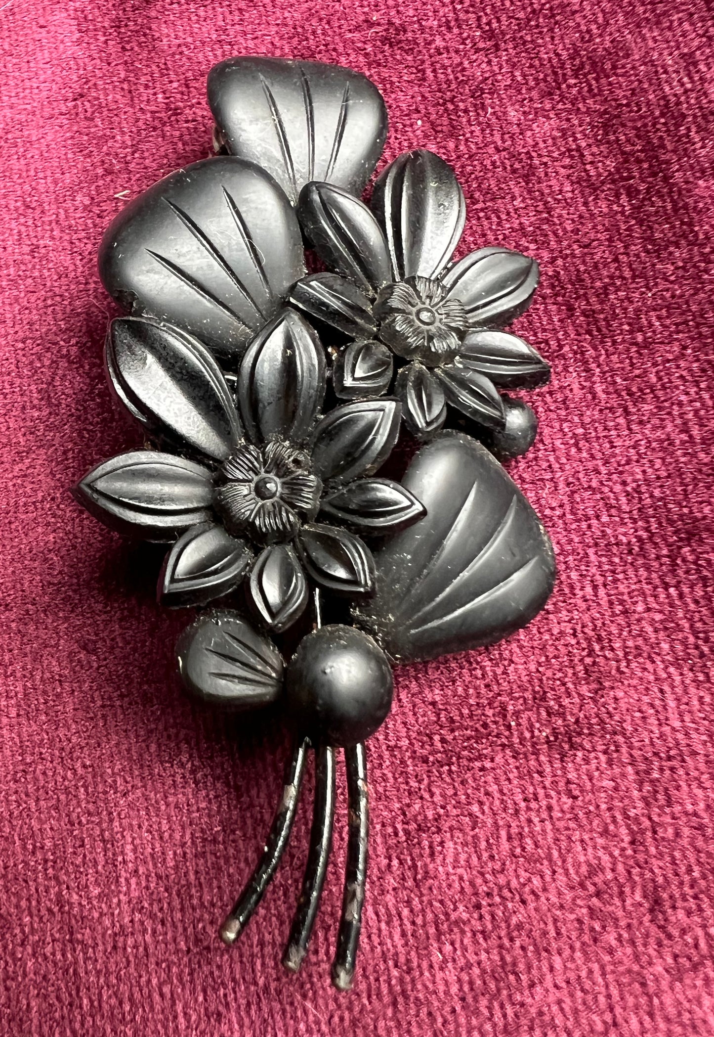 Big 1930s Pressed Black Glass Floral Brooch