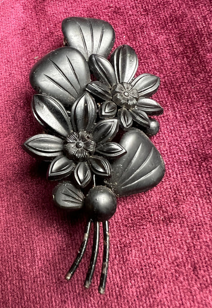 Big 1930s Pressed Black Glass Floral Brooch