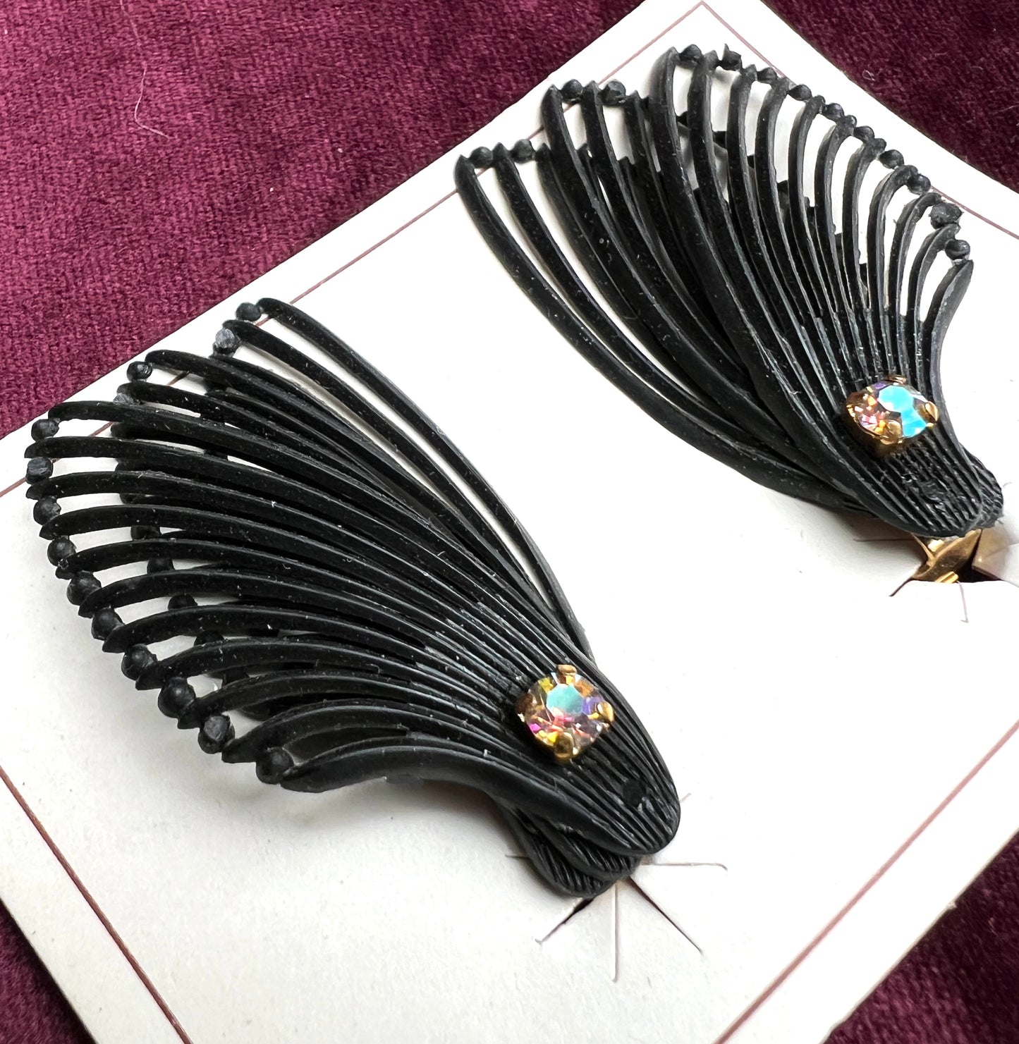 Triple Wing & Diamante Vintage 1950s Black Clip-on Earrings