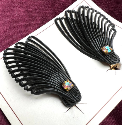 Triple Wing & Diamante Vintage 1950s Black Clip-on Earrings