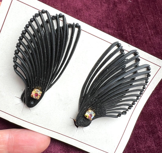 Triple Wing & Diamante Vintage 1950s Black Clip-on Earrings