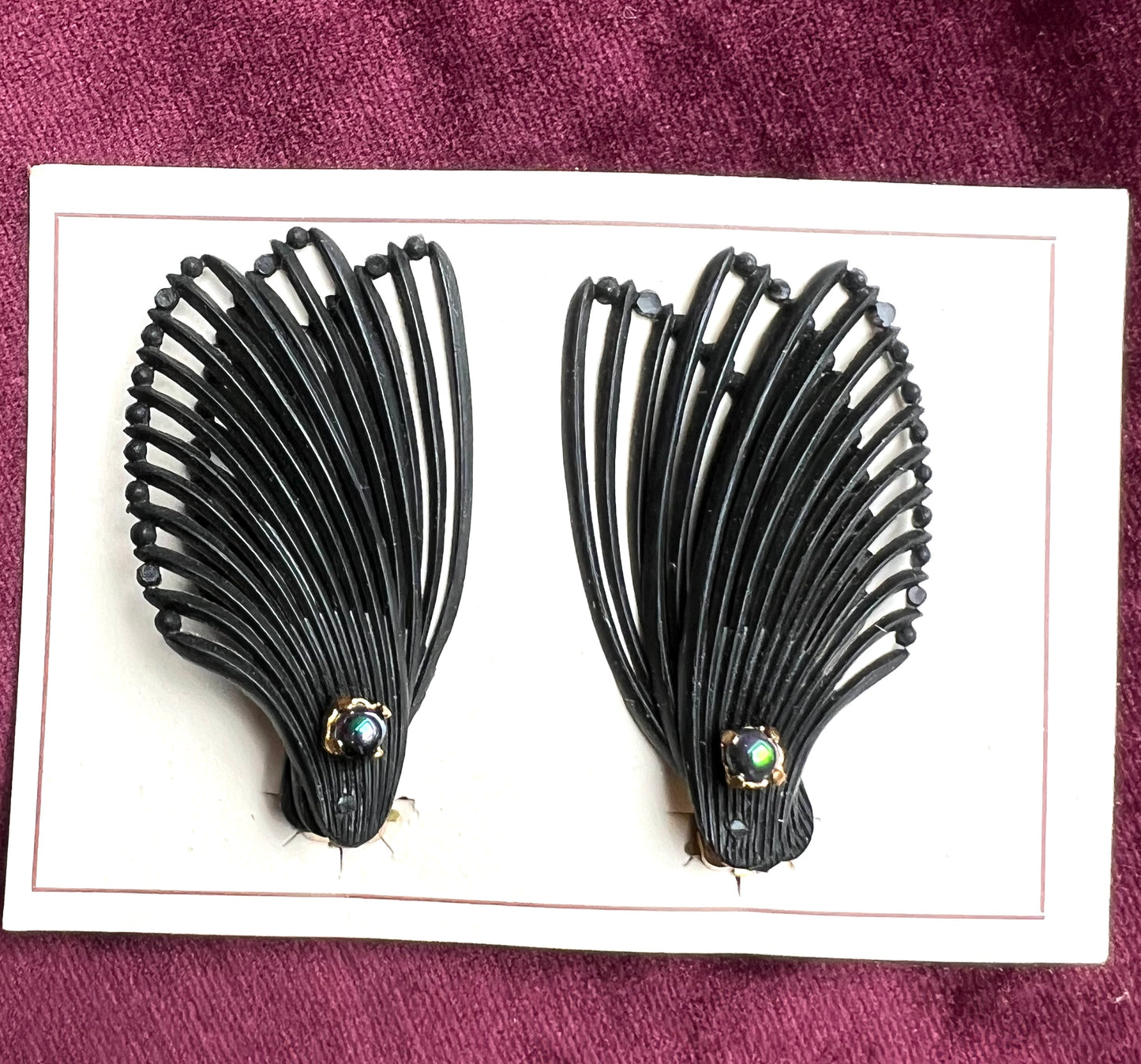 Triple Wing & Iridescent Green Blue Bead Vintage 1950s Black Clip-on Earrings