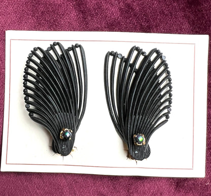 Triple Wing & Iridescent Green Blue Bead Vintage 1950s Black Clip-on Earrings