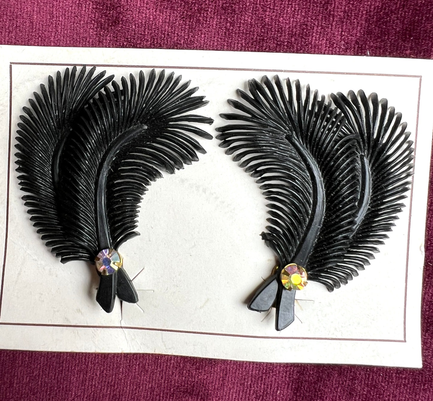 Burlesque Black Feather and Diamante Vintage Clip-on Earrings
