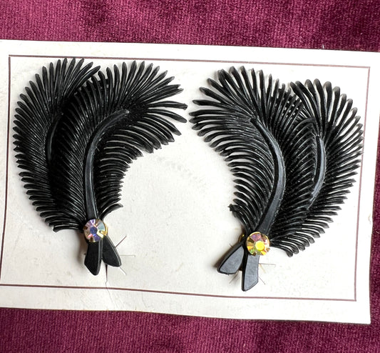 Burlesque Black Feather and Diamante Vintage Clip-on Earrings