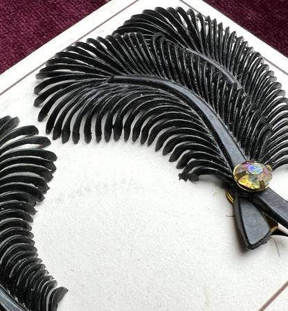 Burlesque Black Feather and Diamante Vintage Clip-on Earrings