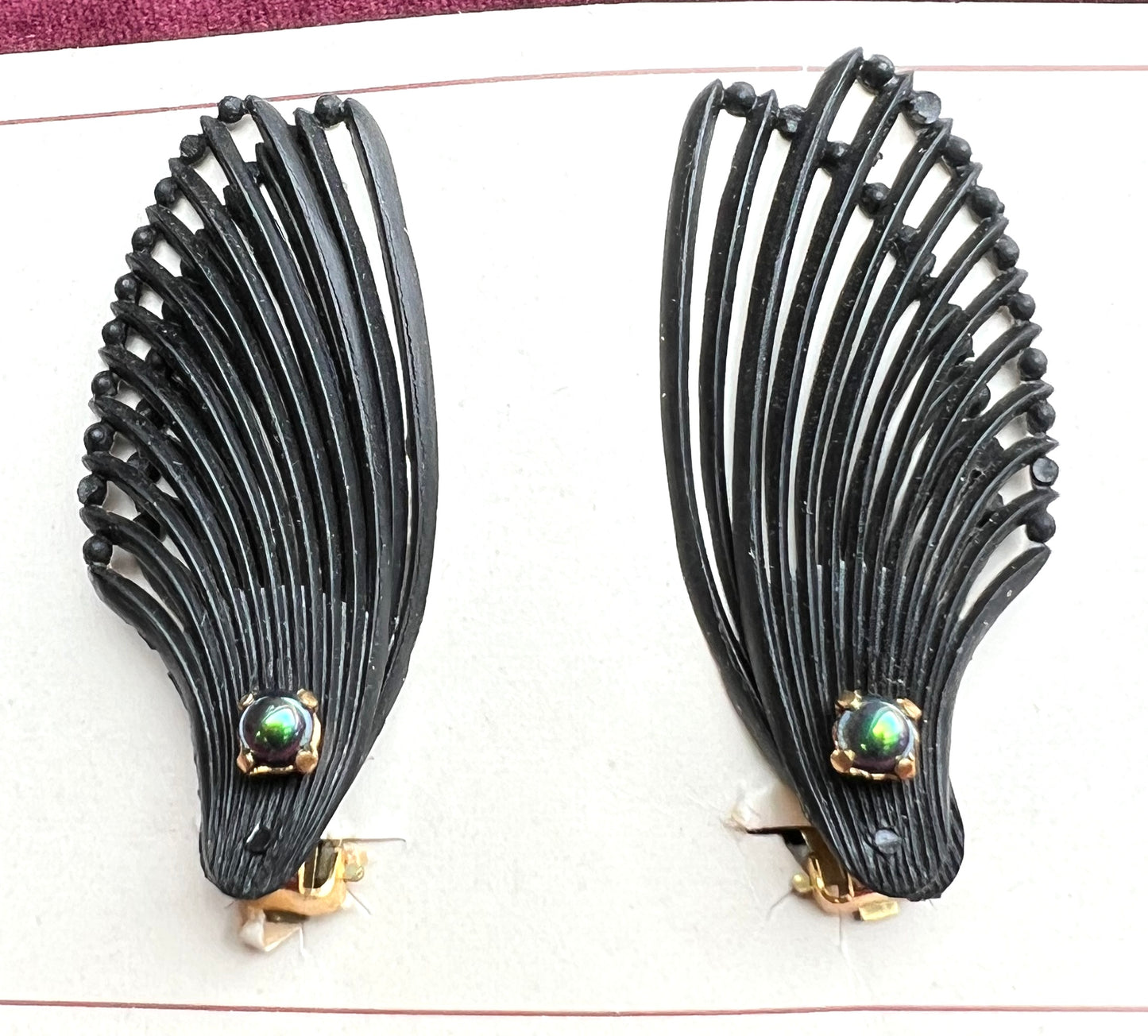 Iridescent Bead  & Double Wing Black Vintage Clip-on Earrings