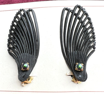 Iridescent Bead  & Double Wing Black Vintage Clip-on Earrings