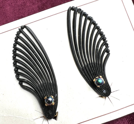 Black Wing with Iridescent Blue Green Beads Vintage Clip on Earrings