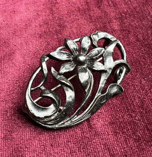 Confident 1940s Black Metal Floral Brooch  - Oval