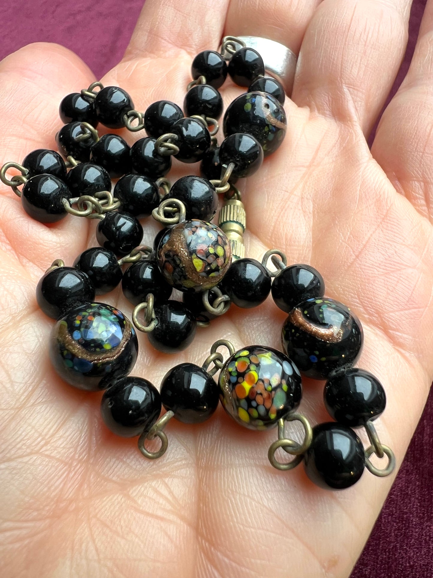 1920s Venetian Black Glass  Bead Necklace - 18"/44cm