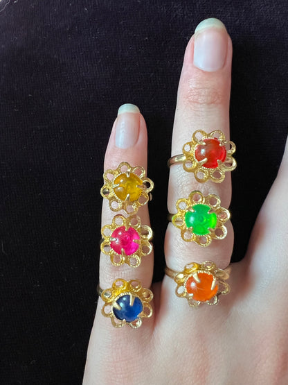 6 Colourful Vintage Adjustable Neon Flower Rings