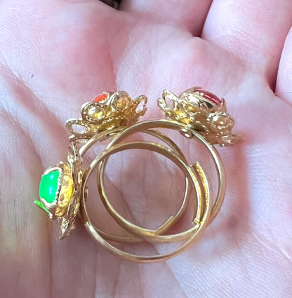 6 Colourful Vintage Adjustable Neon Flower Rings