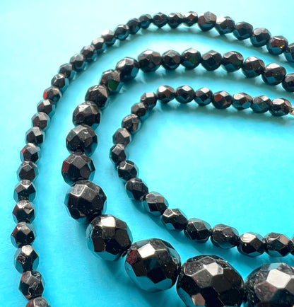 Long 24"/62cm Graduated Black Faceted Glass 1930s Necklace