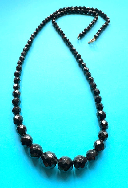 Long 24"/62cm Graduated Black Faceted Glass 1930s Necklace