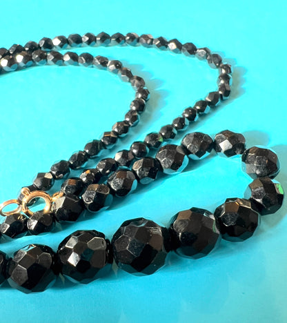 Long 24"/62cm Graduated Black Faceted Glass 1930s Necklace