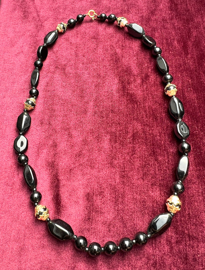Smooth Black & Gold Glass Bead  Vintage Necklace  20"/50cm