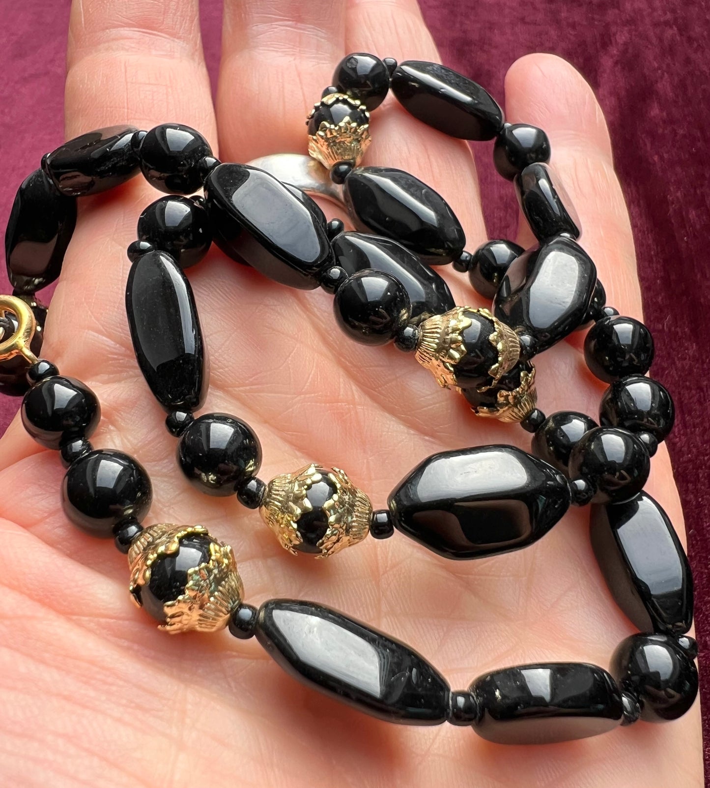 Smooth Black & Gold Glass Bead  Vintage Necklace  20"/50cm
