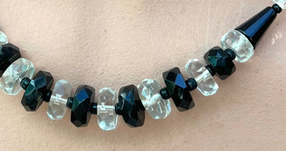 Striking Czech Faceted Black and Clear Crystal Necklace  16.5"/42cm
