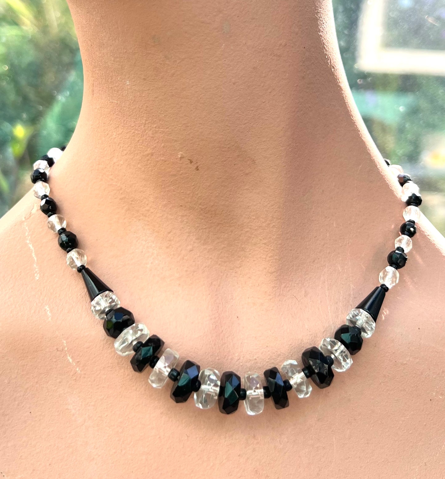 Striking Czech Faceted Black and Clear Crystal Necklace  16.5"/42cm