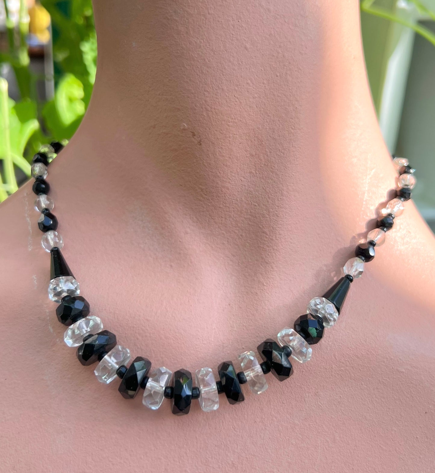 Striking Czech Faceted Black and Clear Crystal Necklace  16.5"/42cm