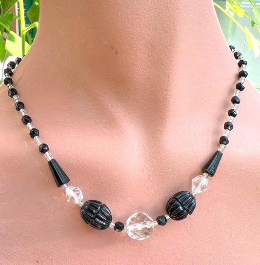 Compelling Czech  Black and Clear Crystal Necklace  16"/40cm