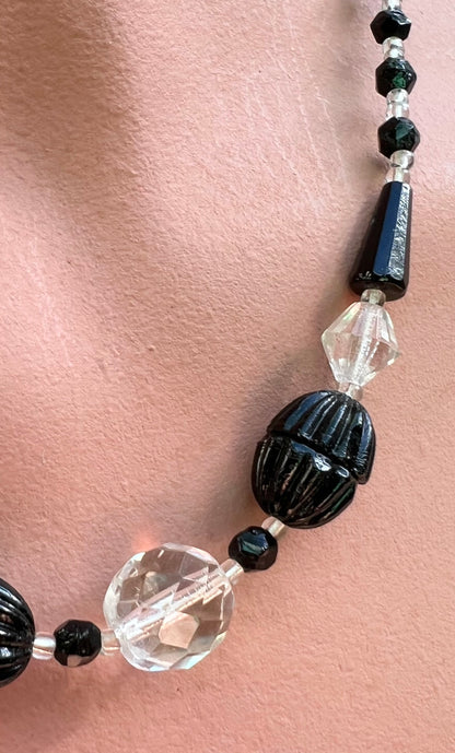 Compelling Czech  Black and Clear Crystal Necklace  16"/40cm