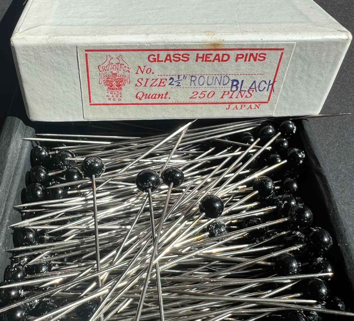 1940s Black Glass Head Pins - Box of 250 - Made in Japan