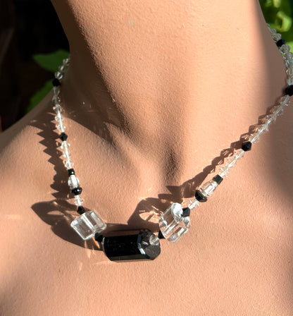 Impressive Czech Faceted Black and Clear Crystal Necklace  16"/40cm