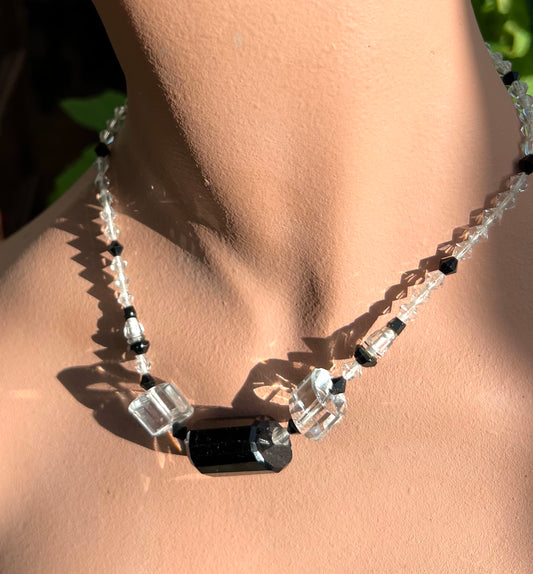 Impressive Czech Faceted Black and Clear Crystal Necklace  16"/40cm