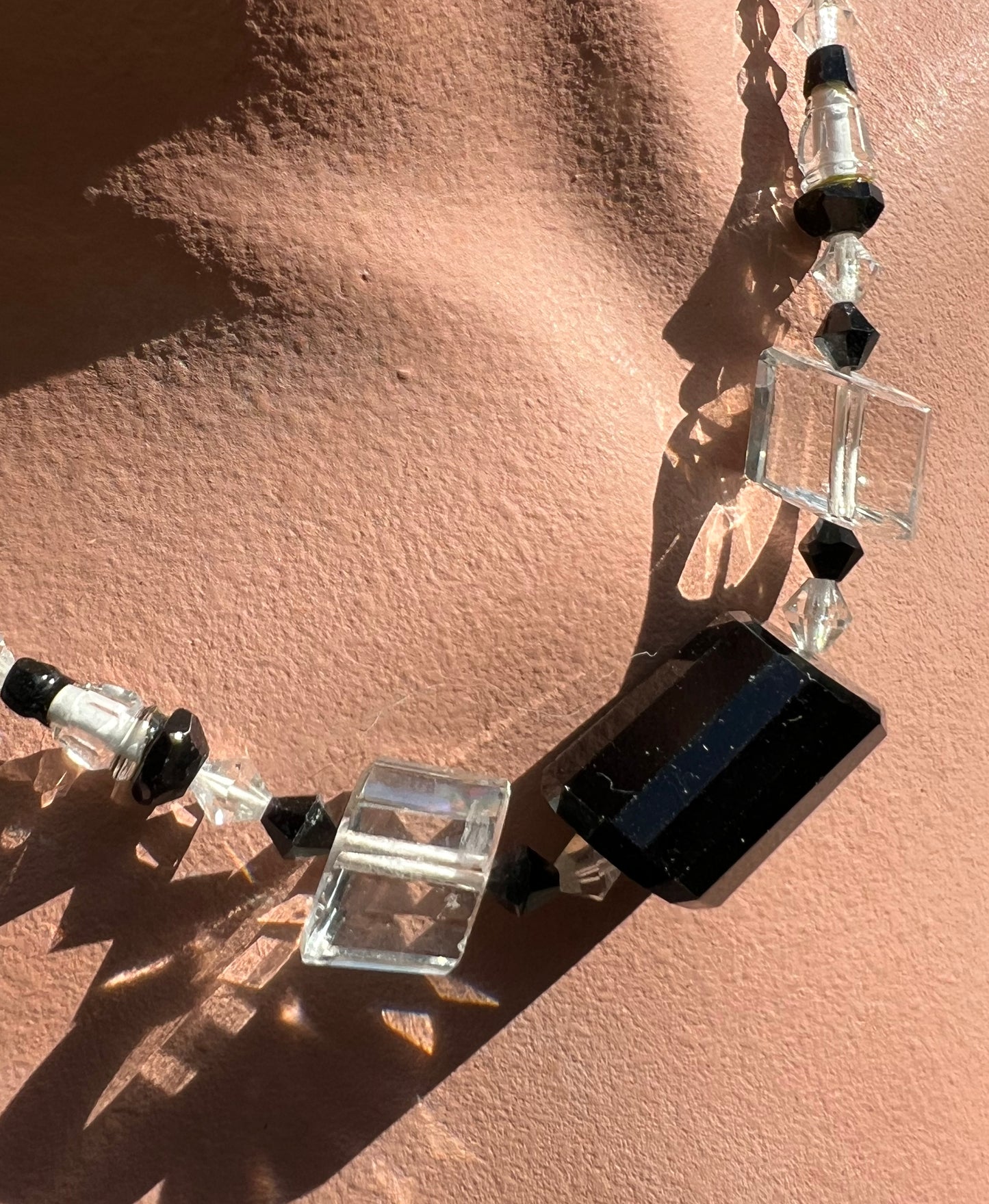 Impressive Czech Faceted Black and Clear Crystal Necklace  16"/40cm