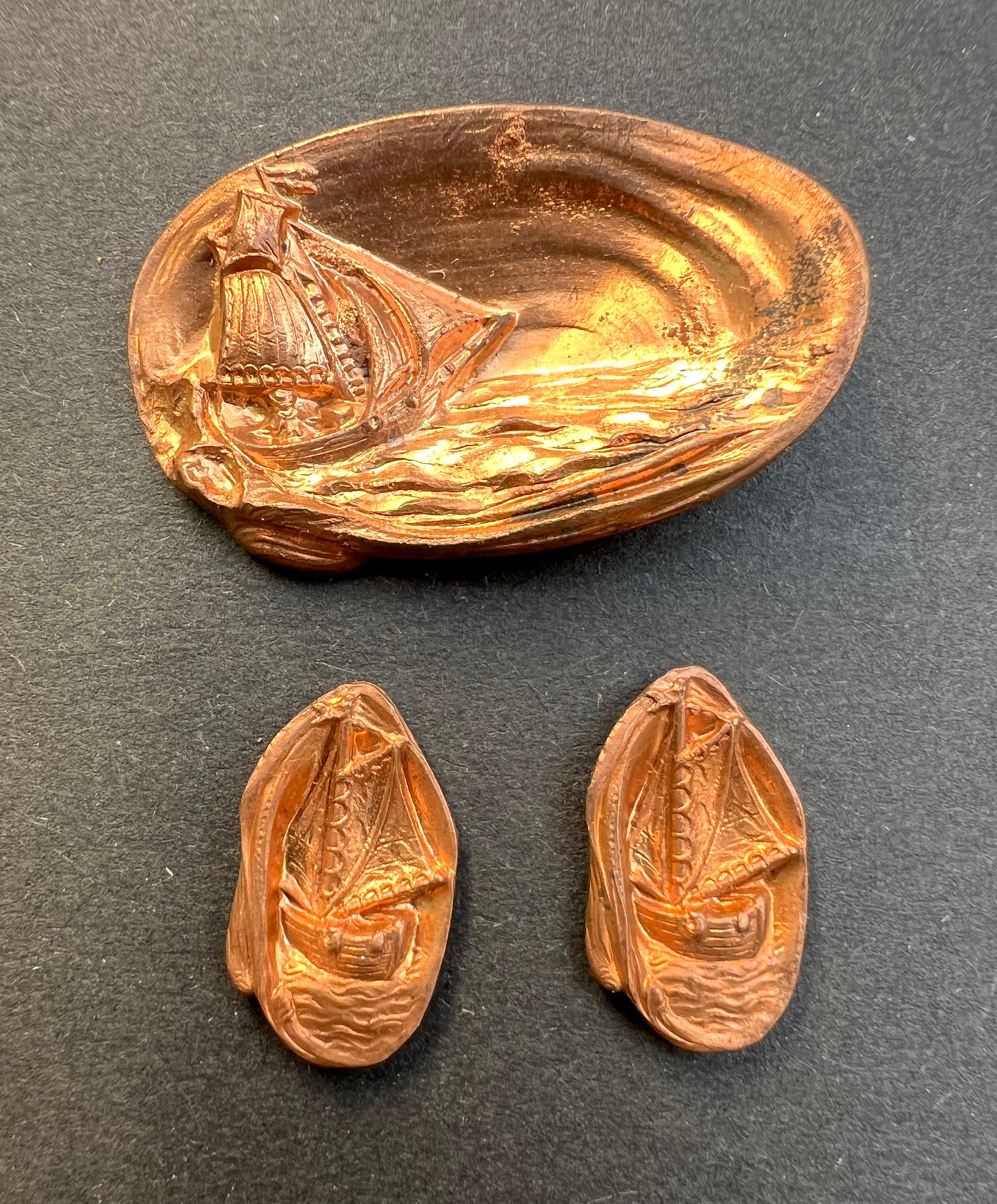 3 Delightful Early 20th century French Brass Stampings/Moulds of Sailing Boats