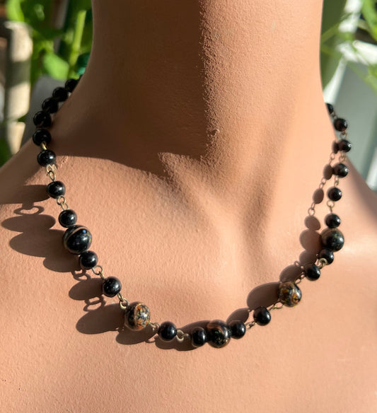 1920s Venetian Black Glass  Bead Necklace - 18"/44cm