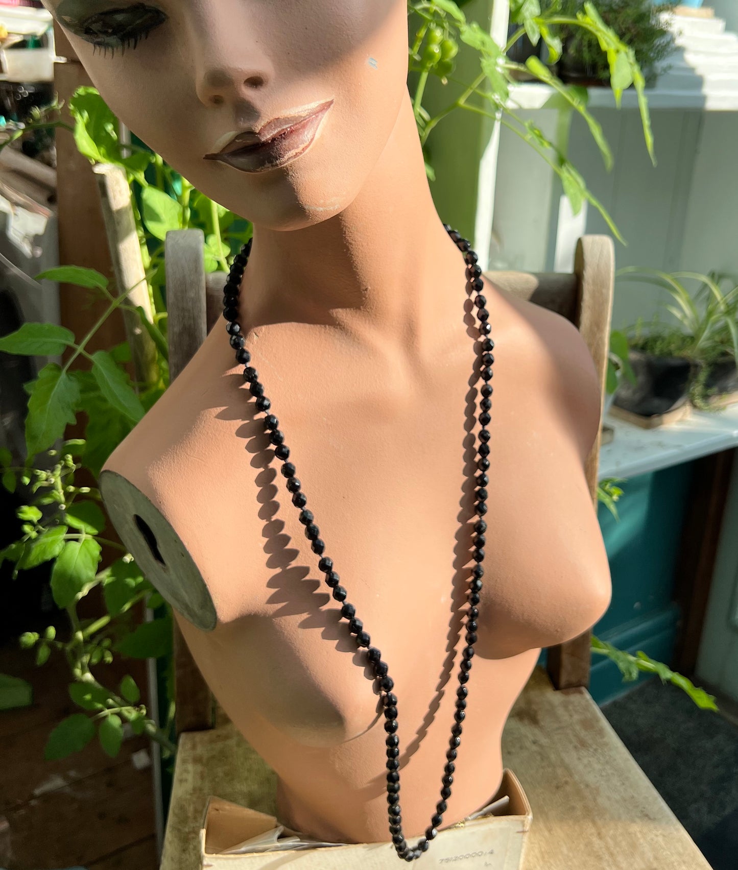 Confident 36" Long 1930s Black Glass Faceted Bead Necklace