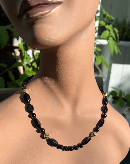 Smooth Black & Gold Glass Bead  Vintage Necklace  20"/50cm