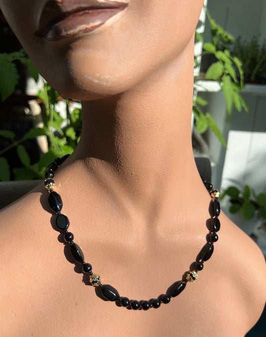 Smooth Black & Gold Glass Bead  Vintage Necklace  20"/50cm